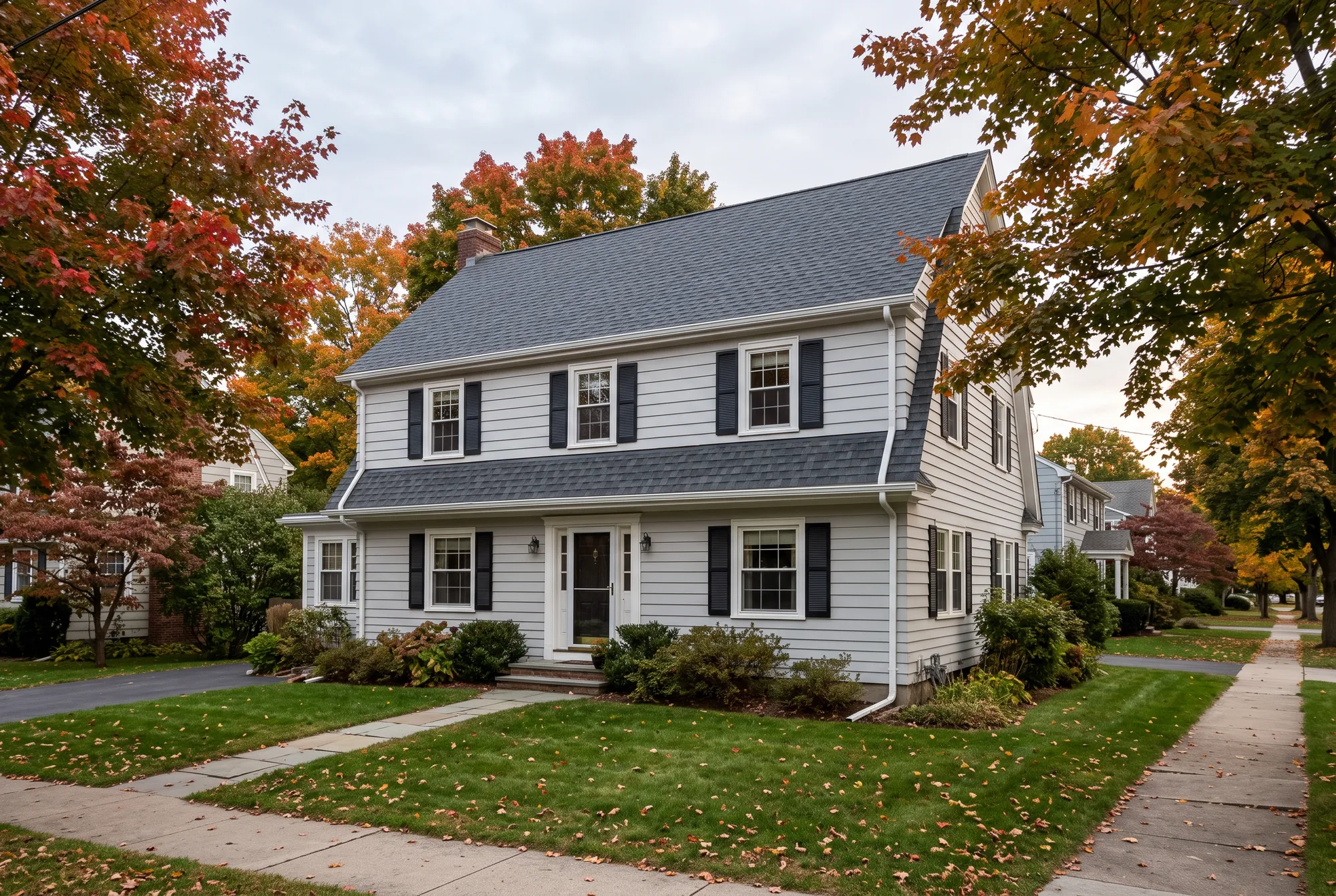 Two-story gray colonial home on a tree-lined Springfield-area street with a new charcoal architectural shingle roof in autumn