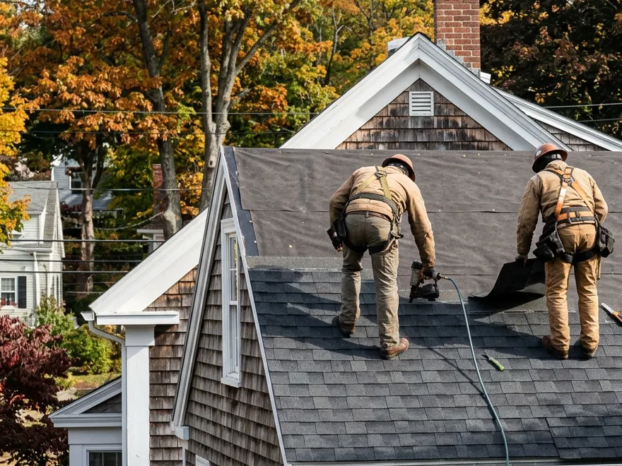Roofers in safety harnesses installing architectural asphalt shingles over new underlayment